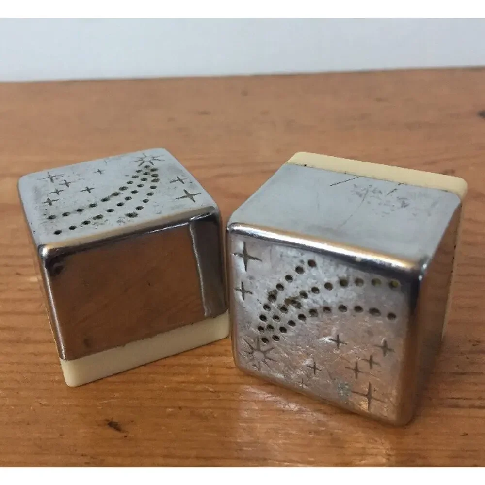 Vtg 30s Art Deco Skyway Chase Chrome Shooting Star Cube Salt Pepper Shaker Pair